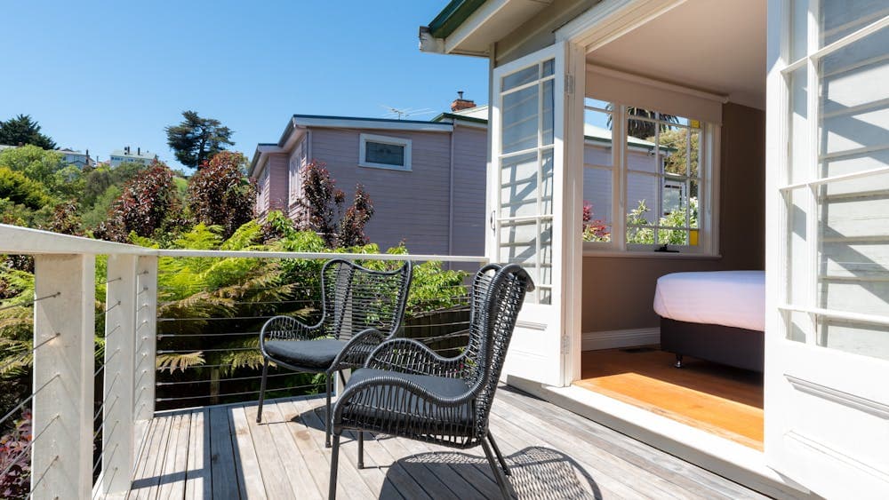 Tiered backyard with outdoor deck at Gorgeous on Galvin holiday home