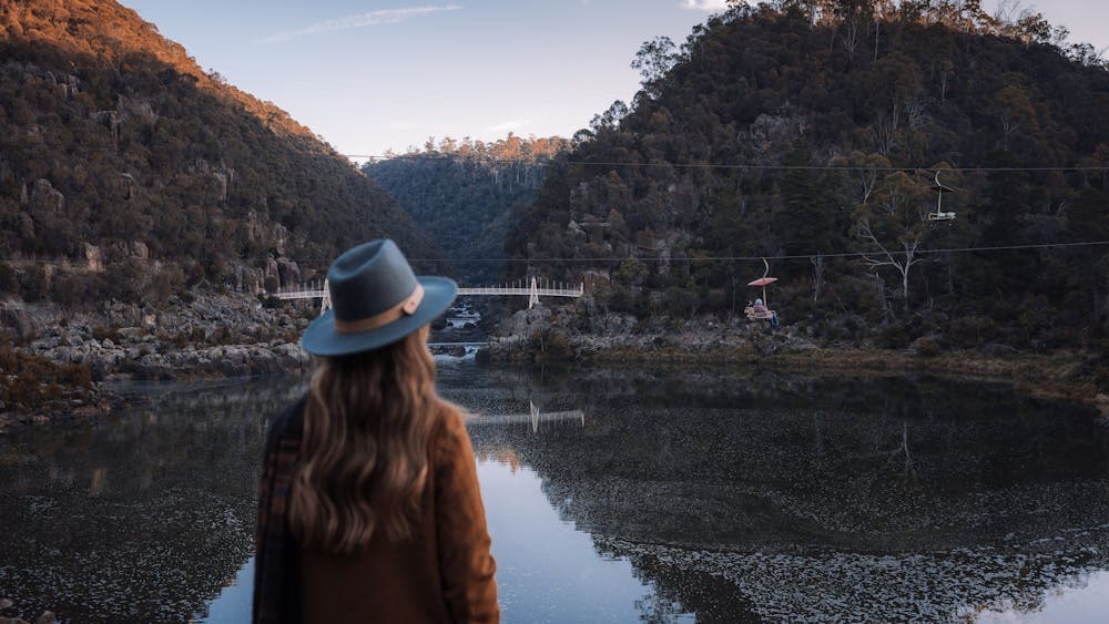 Scenic view of Cataract Gorge and chairlift in Launceston at sunset