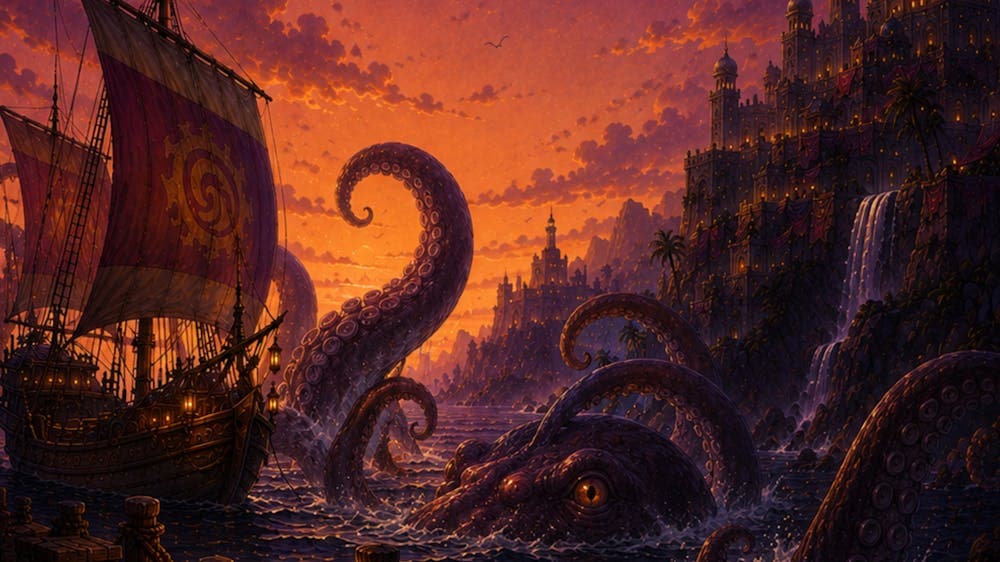 Scene with a ship and a kraken