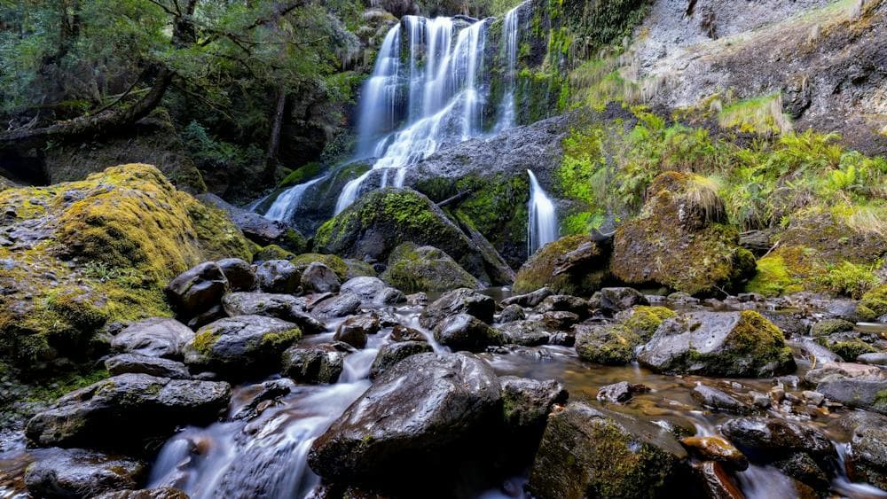 Champagne Falls, Beautiful long exposure of water flow over moss covered rocks at Moina, Tasmania